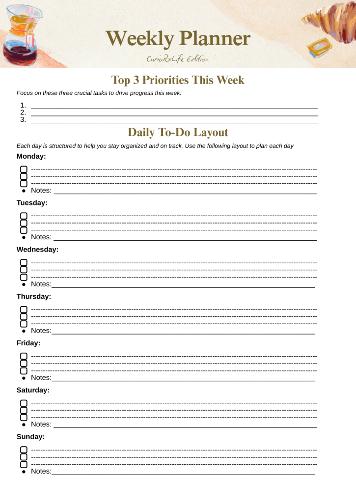 Preview of CurioRxLife weekly planner printable